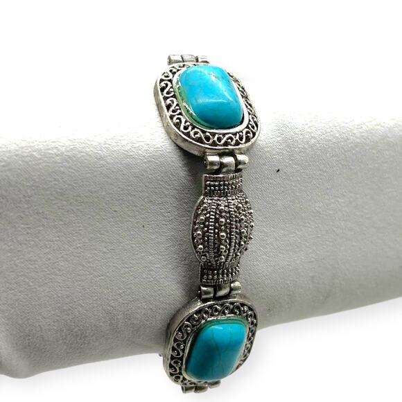 Vintage Balinese Bracelet Turquoise Blue Silver Square Shape Precious Howlite - Picture 6 of 13